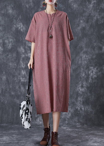 Red Oversized Plaid Linen Maxi Dress Summer