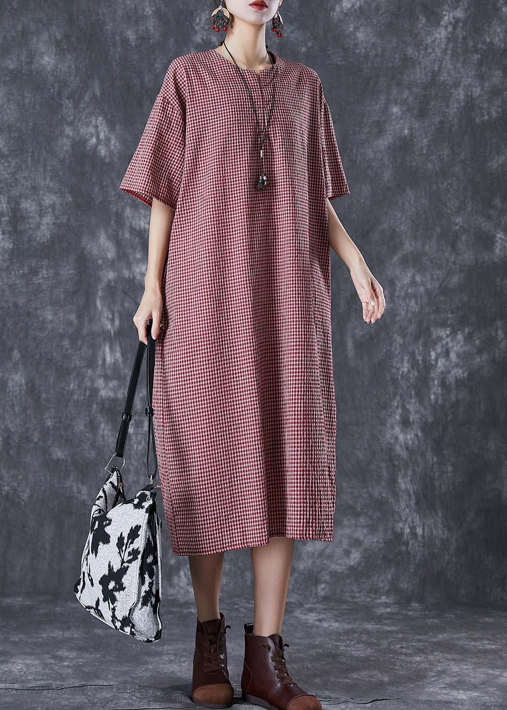 Red Oversized Plaid Linen Maxi Dress Summer