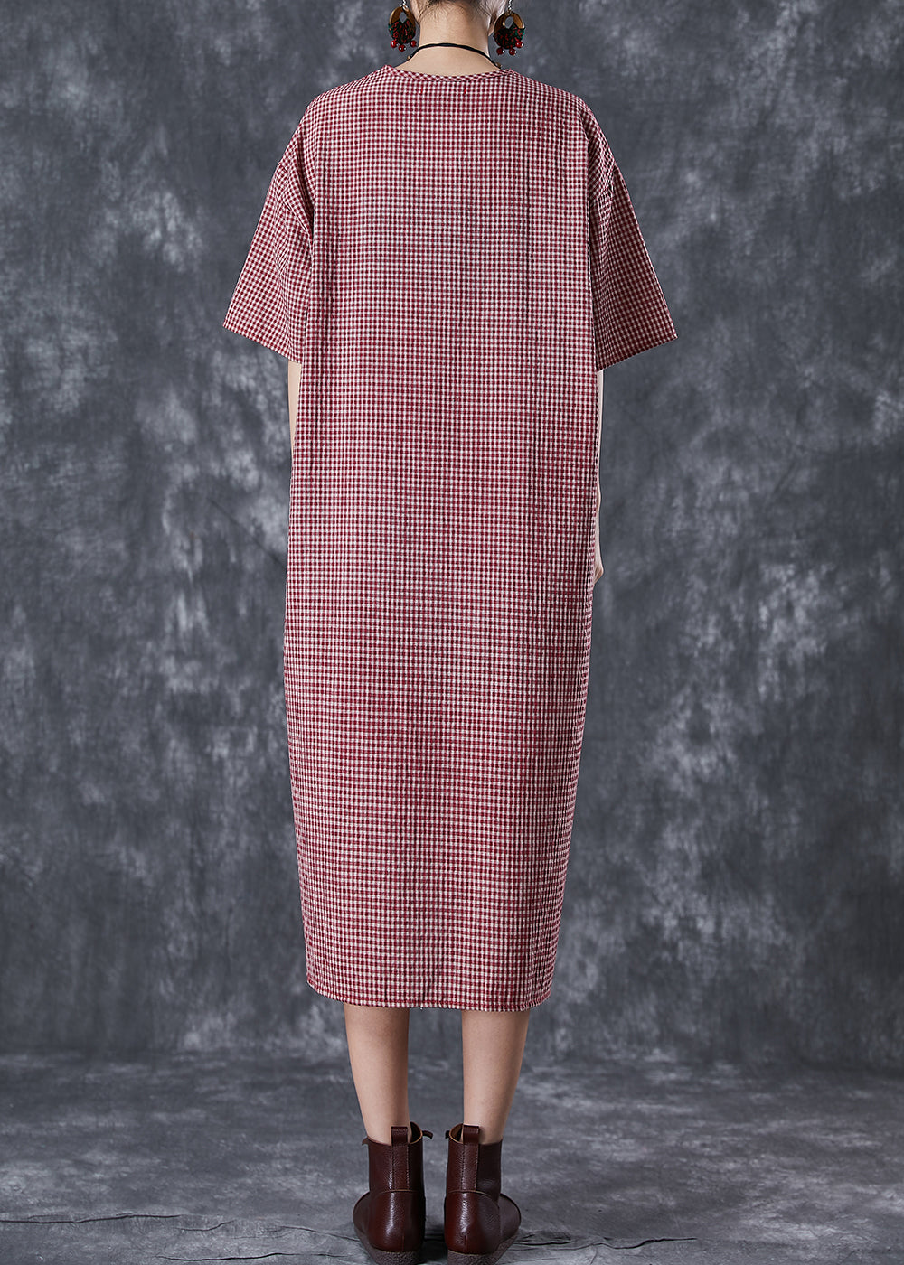 Red Oversized Plaid Linen Maxi Dress Summer