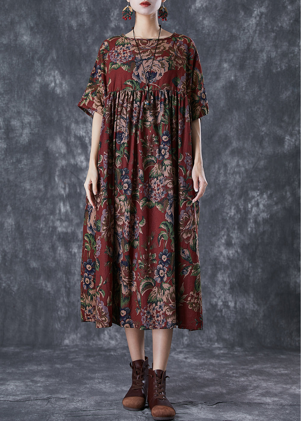 Red Oversized Print Cotton Maxi Dresses Summer