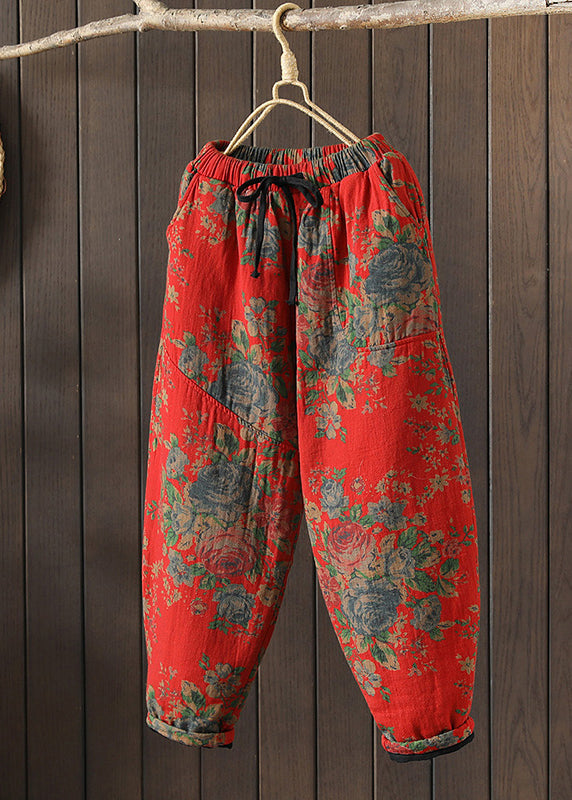 Red Oversized Print Fine Cotton Filled Pants Winter