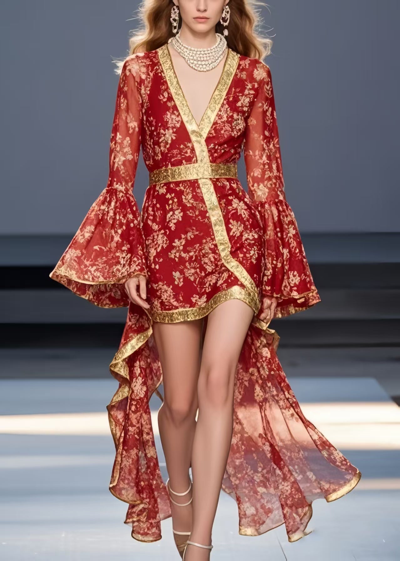 Red Print Asymmetrical Design Chiffon Mid Dress Flare Sleeve