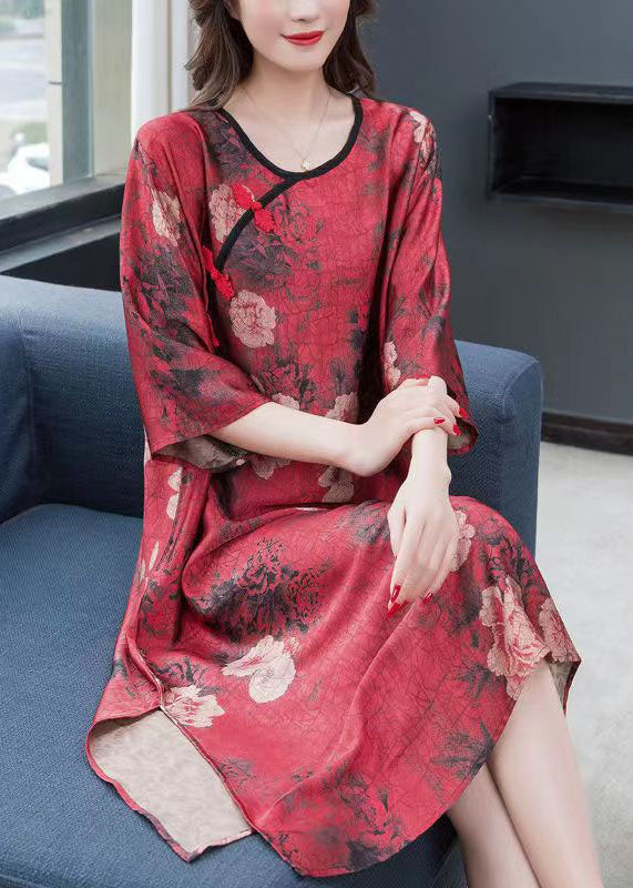 Red Print Chinese Button Patchwork Chiffon Dresses Summer