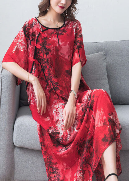 Red Print Chinese Button Patchwork Chiffon Long Dresses Summer