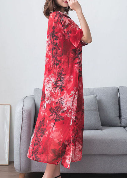 Red Print Chinese Button Patchwork Chiffon Long Dresses Summer