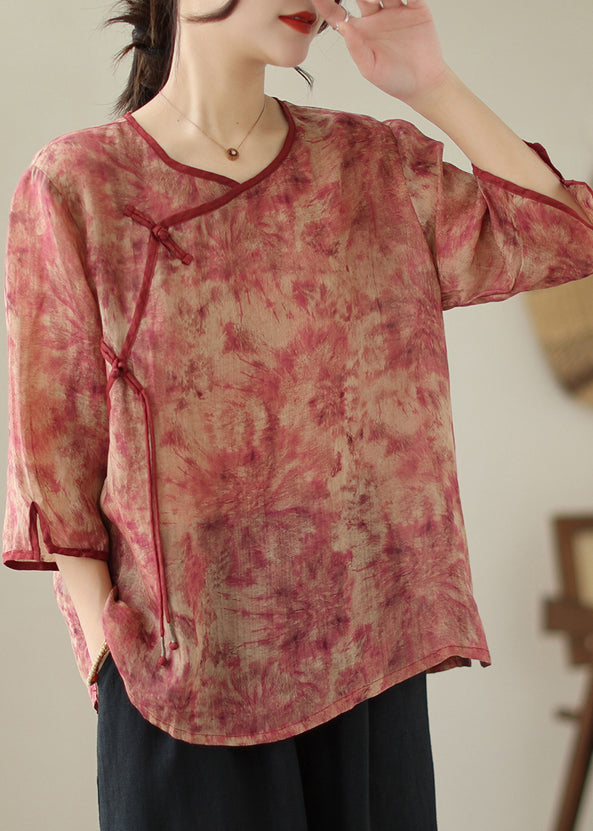 Red Print Tassel Linen Shirt Top Bracelet Sleeve