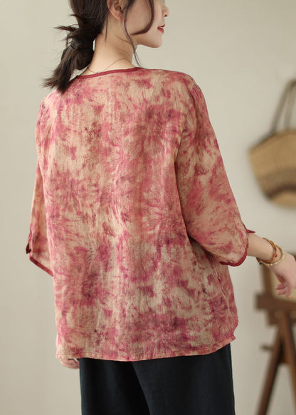 Red Print Tassel Linen Shirt Top Bracelet Sleeve