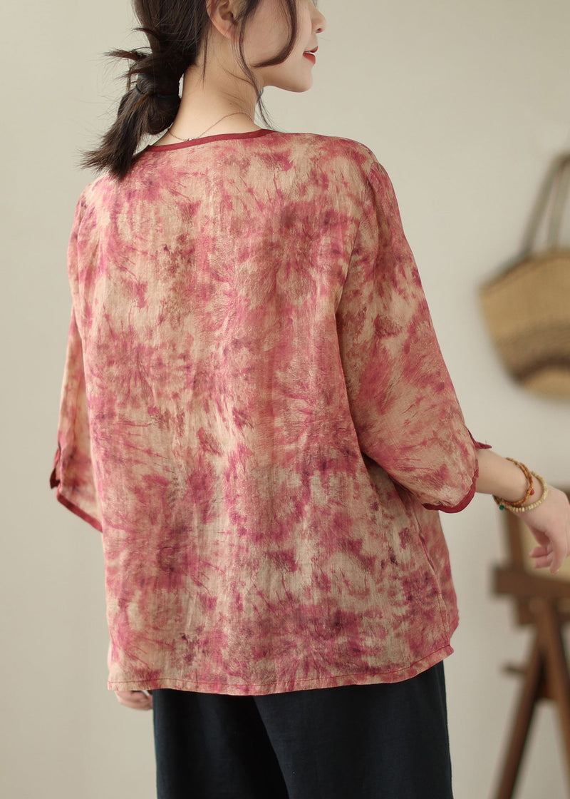Red Print Tassel Linen Shirt Top Bracelet Sleeve