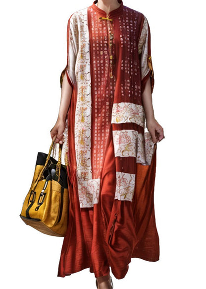 Red Stand Collar Chinese Button Silk Robe Dresses Summer