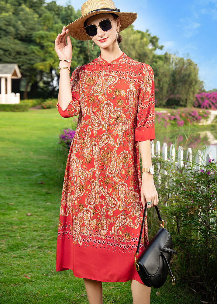 Red Stand Collar Print Button Patchwork Silk Dress Summer