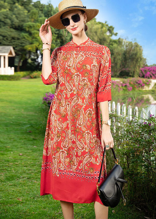 Red Stand Collar Print Button Patchwork Silk Dress Summer