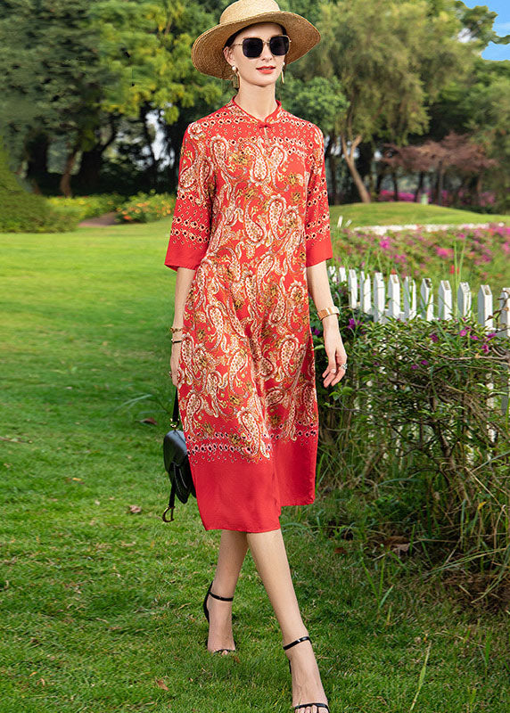 Red Stand Collar Print Button Patchwork Silk Dress Summer