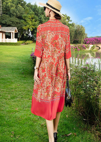 Red Stand Collar Print Button Patchwork Silk Dress Summer