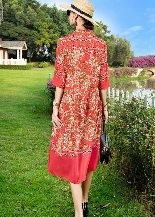 Red Stand Collar Print Button Patchwork Silk Dress Summer