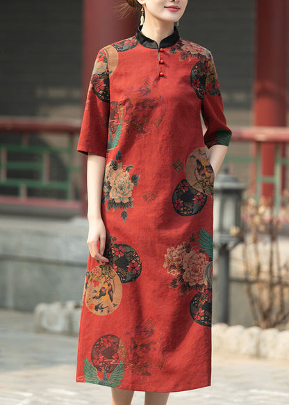 Red Stand Collar Print Pockets Silk Dresses Summer