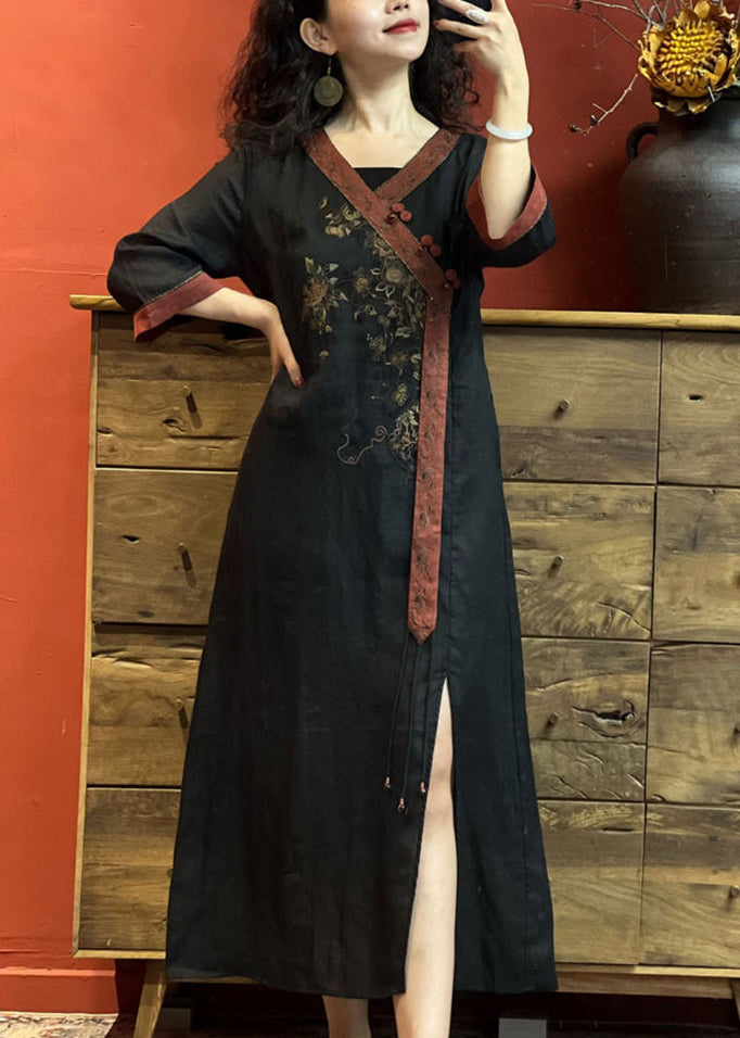 Red V Neck Embroidered Side Open Linen Dress Summer