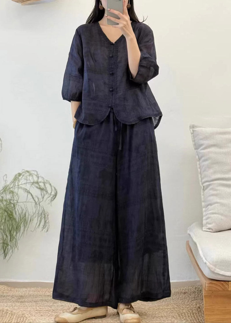 Red V Neck Patchwork Linen Shirt and Wide Leg Pants Two Pieces Set Summer