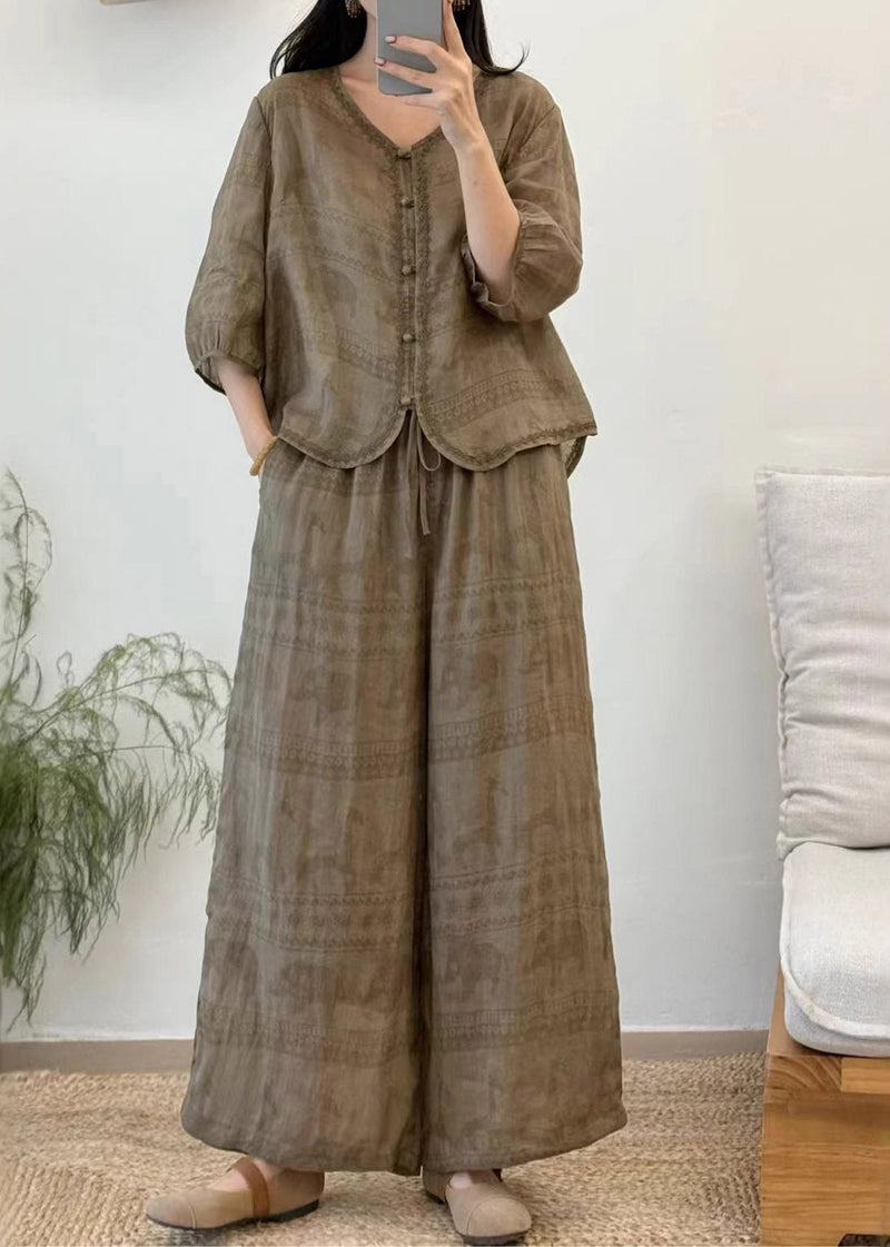 Red V Neck Patchwork Linen Shirt and Wide Leg Pants Two Pieces Set Summer