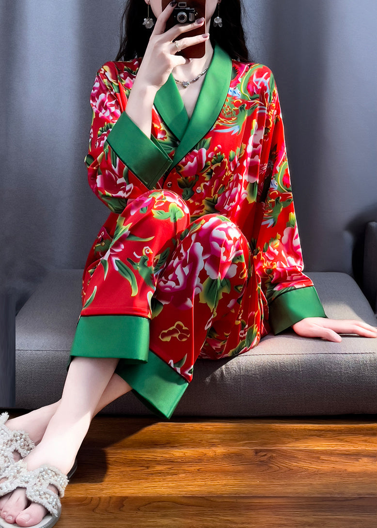 Red V Neck Print Top and Pants Silk Two Pieces Set Long Sleeve
