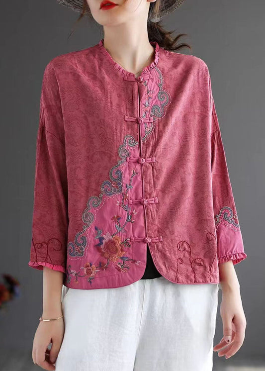 Rose Embroideried Chinese Button Patchwork Cotton Top Spring