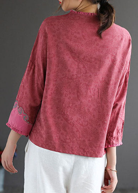 Rose Embroideried Chinese Button Patchwork Cotton Top Spring