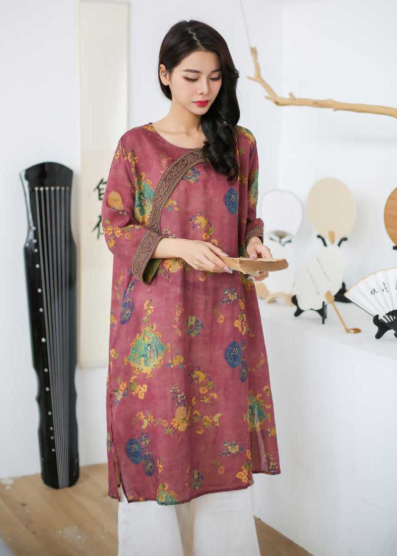Rose Embroideried Print Patchwork Linen Mid Dress Spring