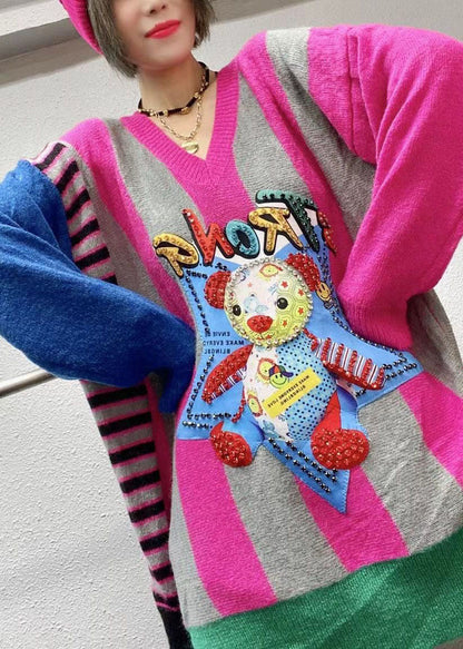 Rose Loose V Neck Print Fall Character Knitwear Coat