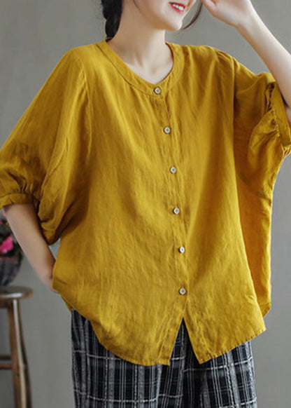 Rose O-neck Button Low High Design Linen Shirt Half Sleeve