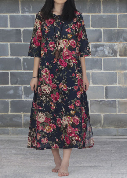 Rose O Neck Print Patchwork Cotton Dresses Summer