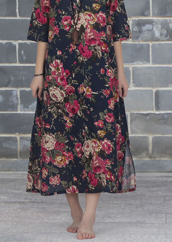 Rose O Neck Print Patchwork Cotton Dresses Summer