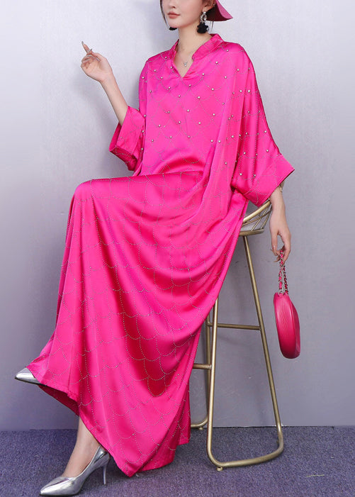 Rose Print Rhinestone Silk Vacation Dresses Batwing Sleeve