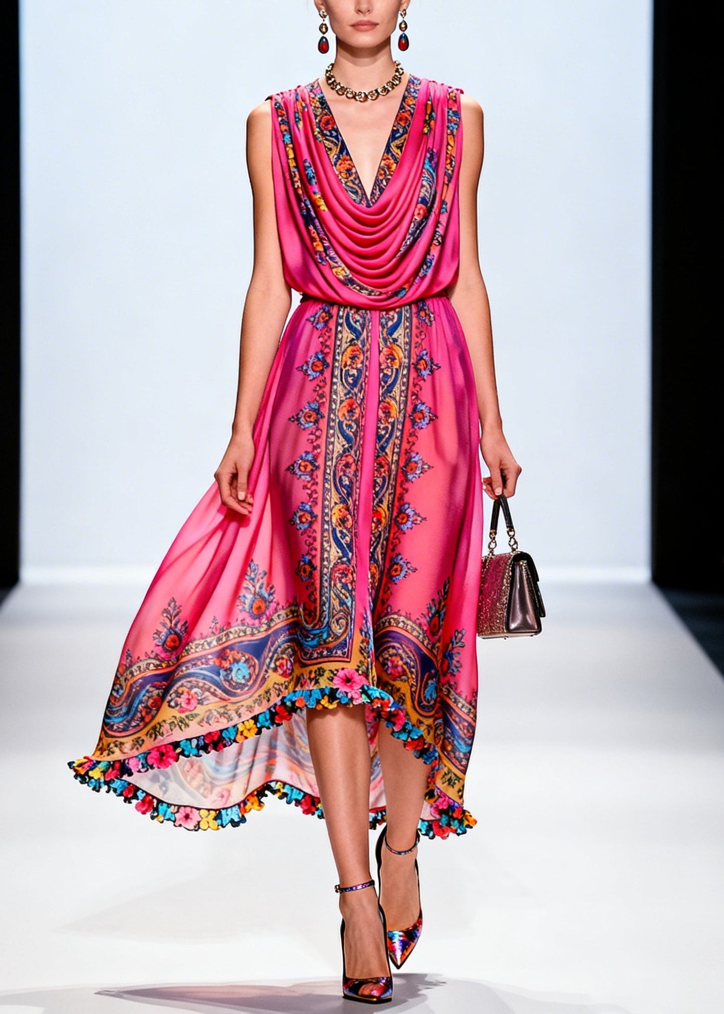 Rose Turtle Neck Print Chiffon Party Dress Sleeveless