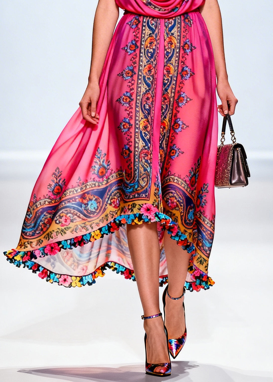 Rose Turtle Neck Print Chiffon Party Dress Sleeveless