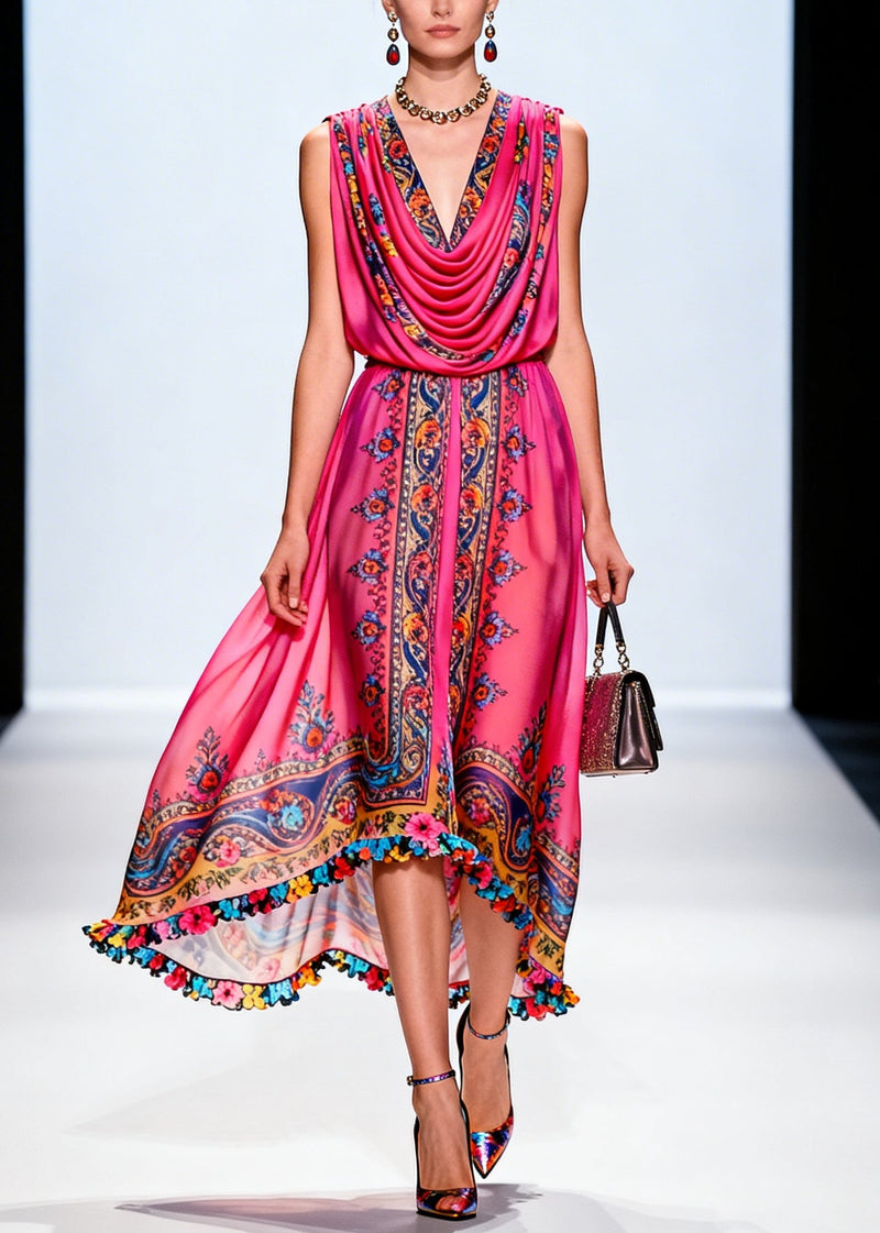 Rose Turtle Neck Print Chiffon Party Dress Sleeveless