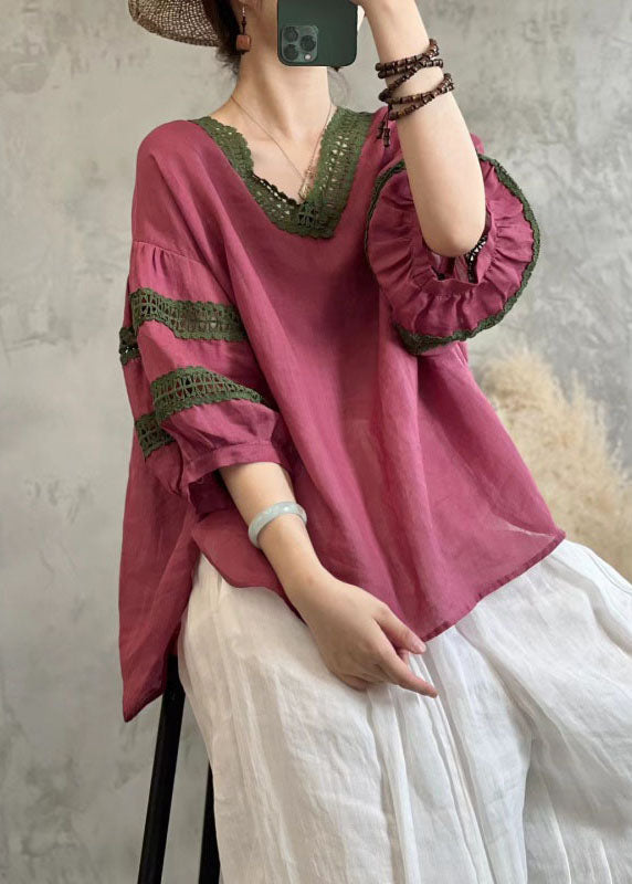 Rose V Neck Hollow Out Lace Patchwork Linen Tops Lantern Sleeve