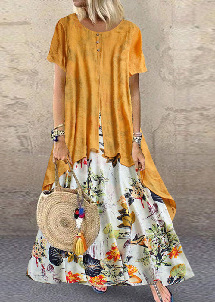 Short Sleeve O-neck Print Patchwork Pocket Long Maxi Dress for