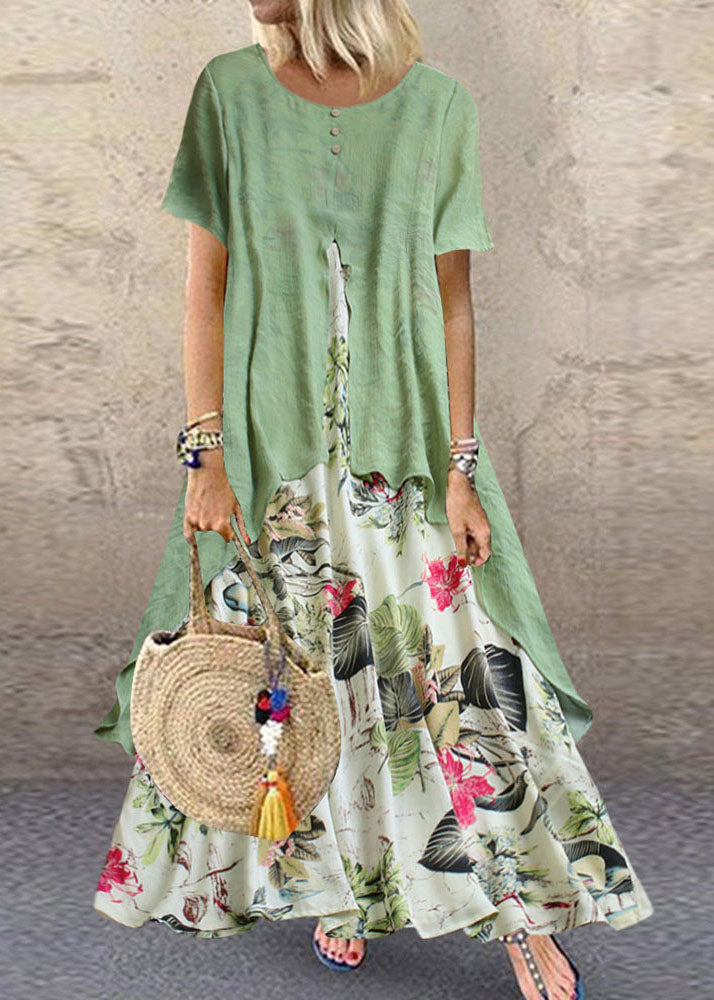 Short Sleeve O-neck Print Patchwork Pocket Long Maxi Dress for