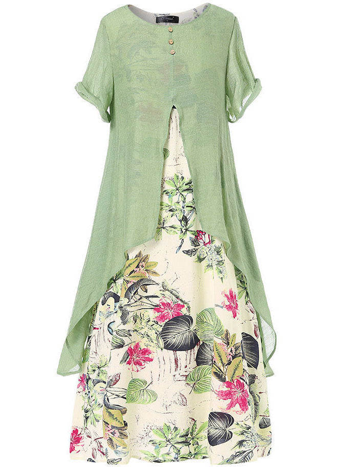 Short Sleeve O-neck Print Patchwork Pocket Long Maxi Dress for
