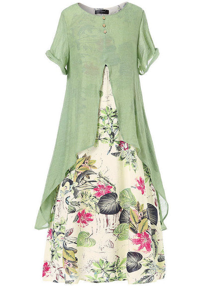 Short Sleeve O-neck Print Patchwork Pocket Long Maxi Dress for