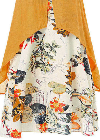Short Sleeve O-neck Print Patchwork Pocket Long Maxi Dress for