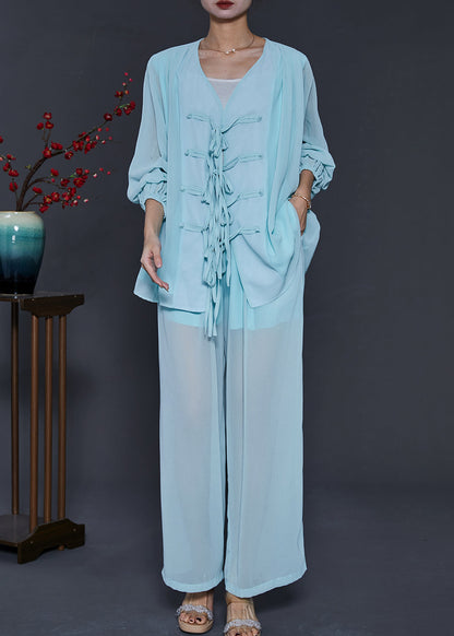 Sky Blue Chinese Button Chiffon Two Pieces Set Summer