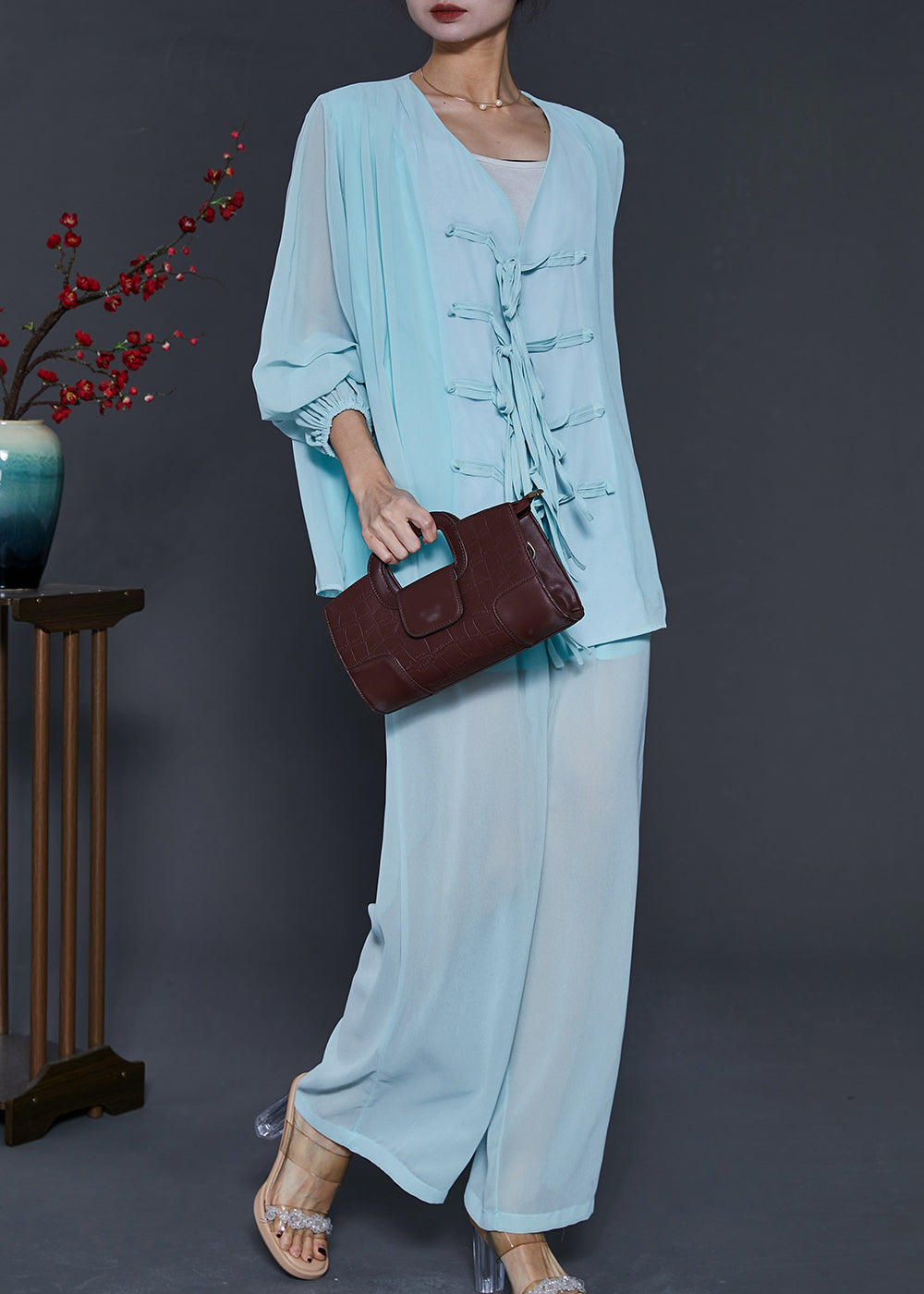 Sky Blue Chinese Button Chiffon Two Pieces Set Summer