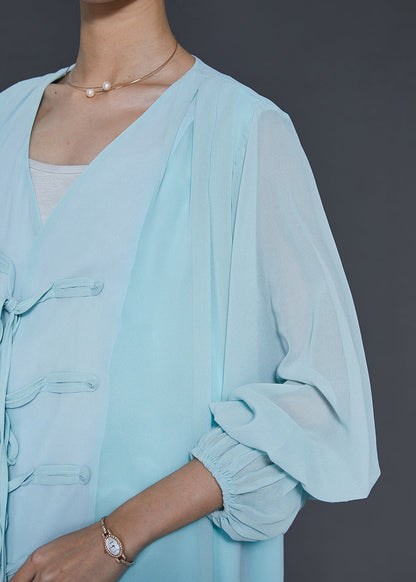 Sky Blue Chinese Button Chiffon Two Pieces Set Summer