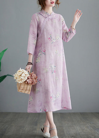 Stand Collar Button Print Linen Cheongsam Dress Three Quarter Sleeve