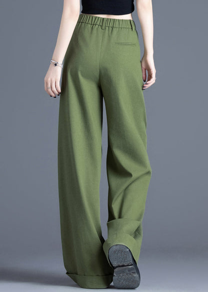 Tea Green Elastic Waist Cotton Wide Leg Pants Spring