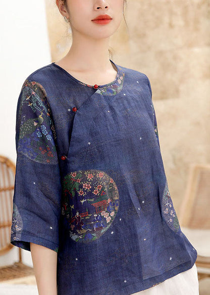 Tibetan Blue Button O-neck Print Linen Shirt Tops Half Sleeve