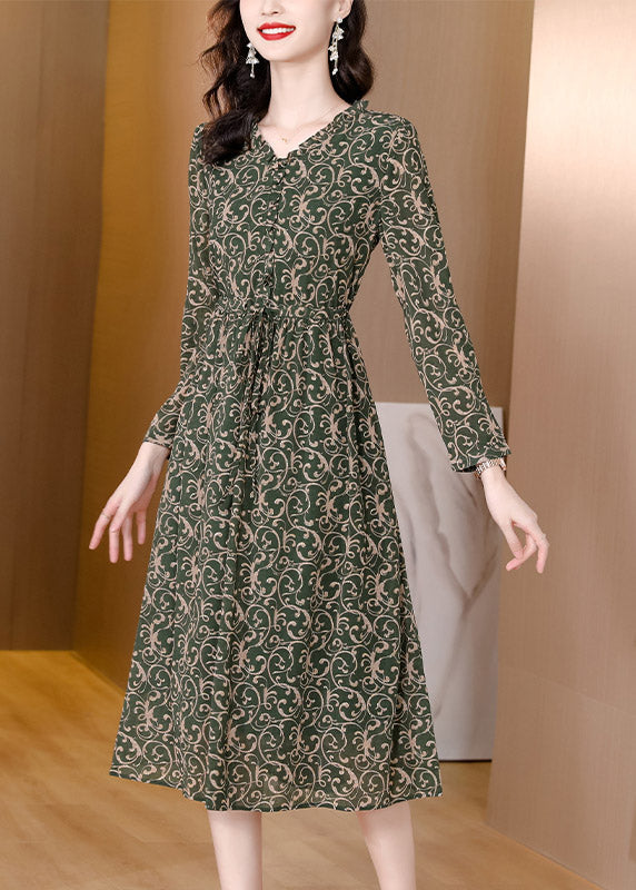 V Neck Print Drawstring Tie Waist Chiffon Maxi Dress Long Sleeve
