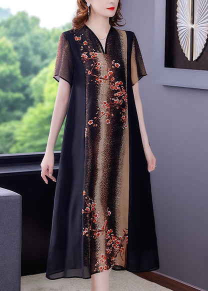 V Neck Print Patchwork Silk Maxi Dress Short Sleeve