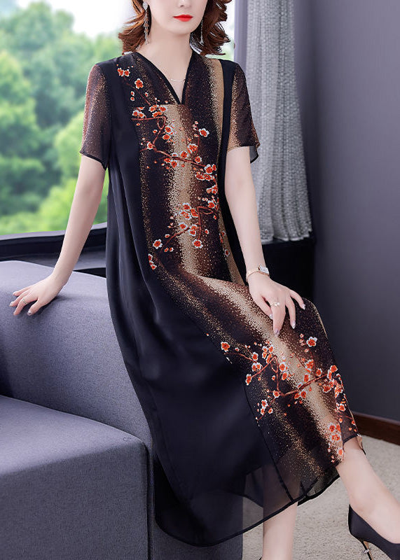 V Neck Print Patchwork Silk Maxi Dress Short Sleeve