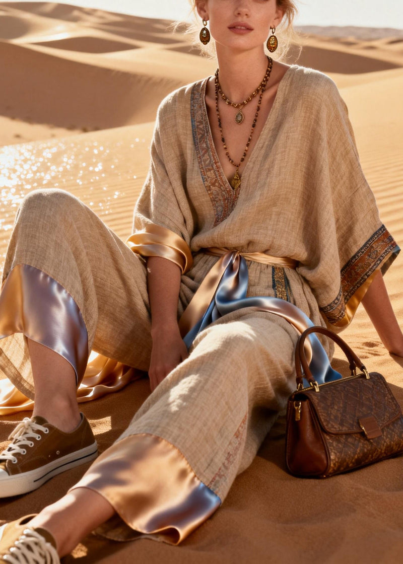 V Neck Print Tie Waist Patchwork Linen Jumpsuits Half Sleeve